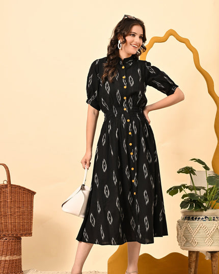 Black Elasticated Waist Ikat Midi Dress – Elegant Casual Wear
