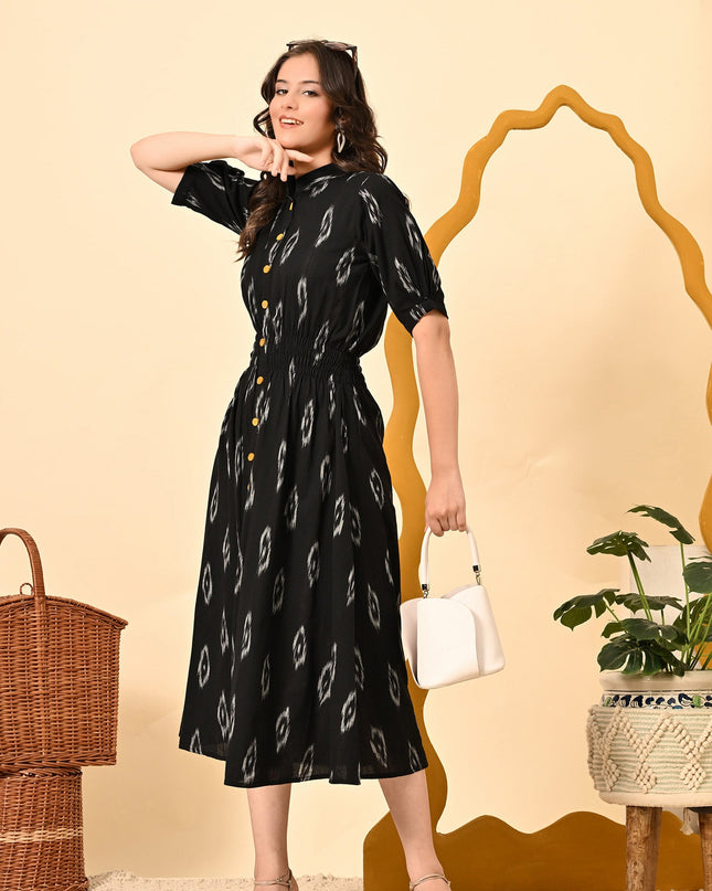 Black Elasticated Waist Ikat Midi Dress – Elegant Casual Wear