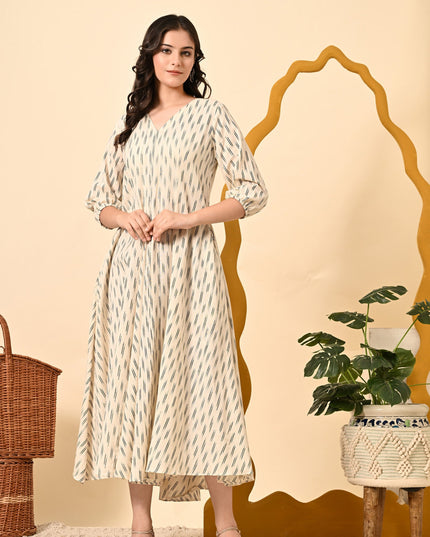 Off White Ikat Handloom Dress with Puff Sleeves