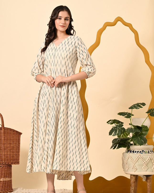 Off White Ikat Handloom Dress with Puff Sleeves