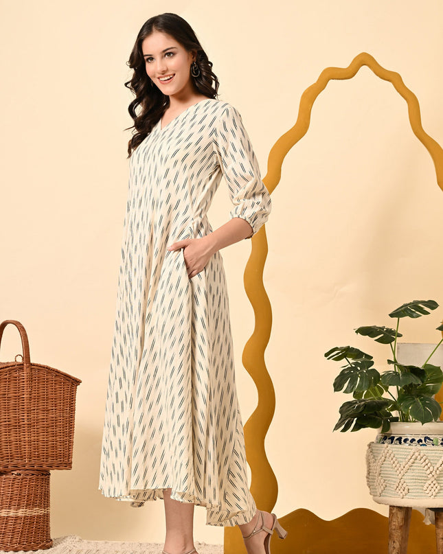 Off White Ikat Handloom Dress with Puff Sleeves