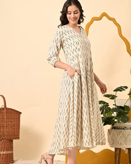 Off White Ikat Handloom Dress with Puff Sleeves