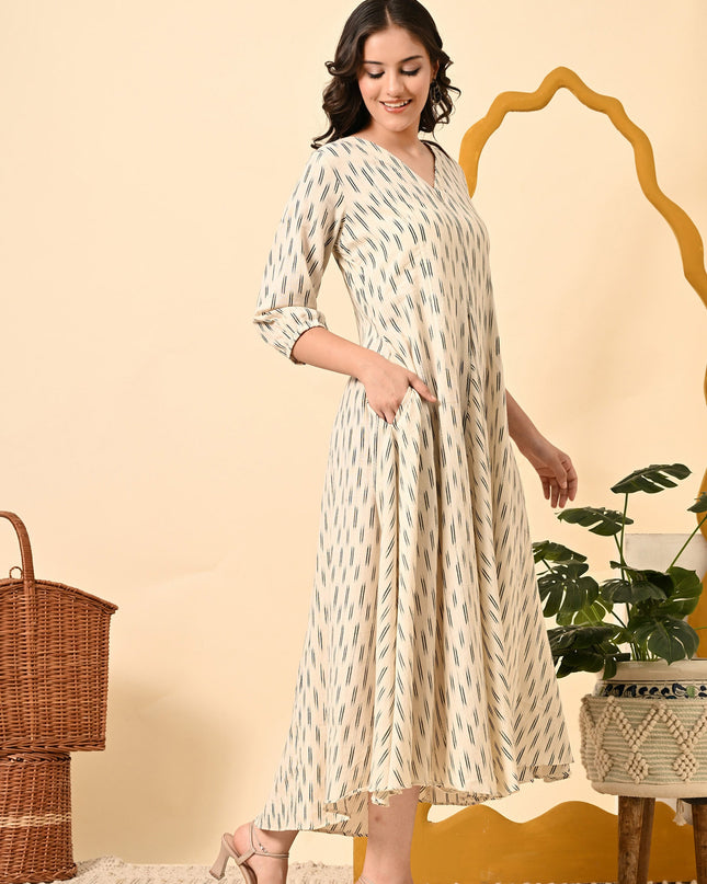 Off White Ikat Handloom Dress with Puff Sleeves