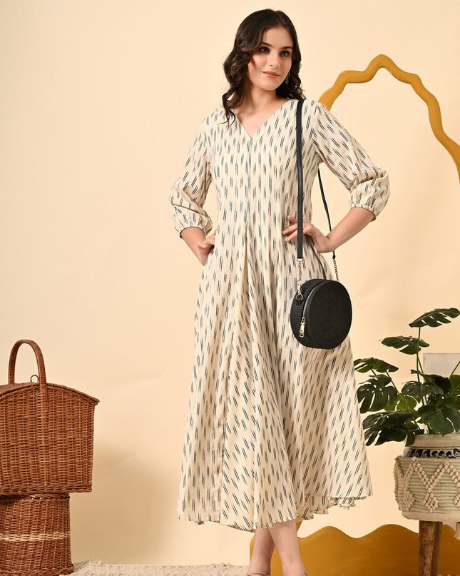 Off White Ikat Handloom Dress with Puff Sleeves