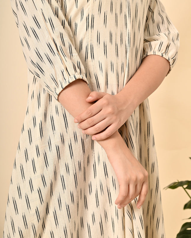 Off White Ikat Handloom Dress with Puff Sleeves