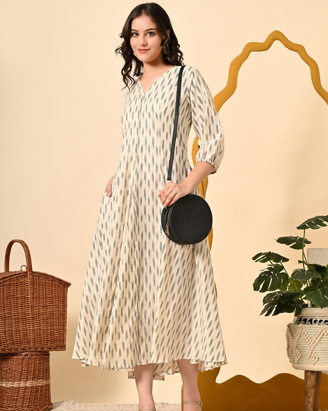 Off White Ikat Handloom Dress with Puff Sleeves