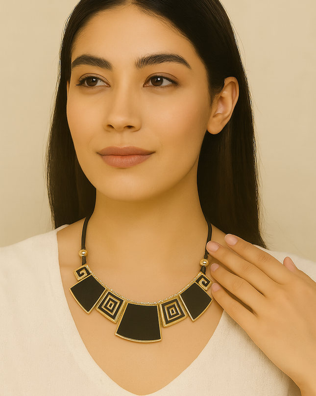 Boho Chic Black Thread and Square Motif Necklace