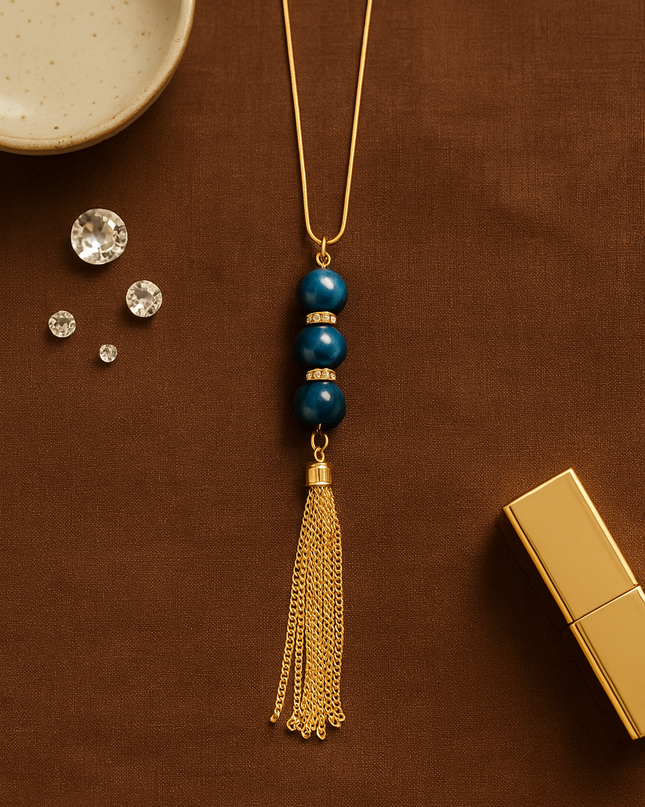 Royal Blue Beaded Tassel Pendant Necklace
