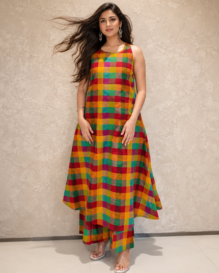 MADRAS CHECKERED HALTER NECK KURTA SET
