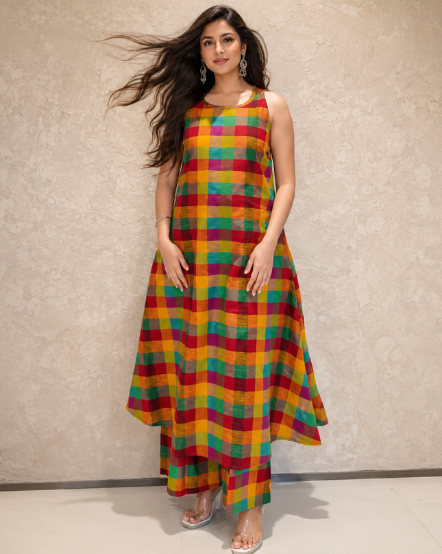 MADRAS CHECKERED HALTER NECK KURTA SET