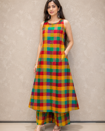MADRAS CHECKERED HALTER NECK KURTA SET