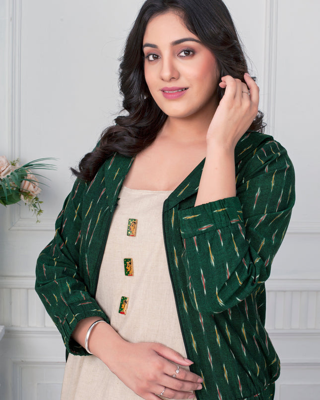 Green Ikat Bomber Handloom Cotton Zipper Jacket for Women