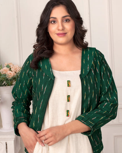 Green Ikat Bomber Handloom Cotton Zipper Jacket for Women
