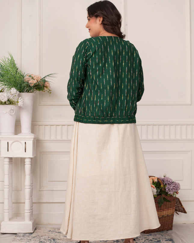 Green Ikat Bomber Jacket with Khadi Maxi Dress Set for Women