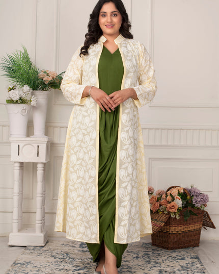Olive Green Cowl Dress with Chikankari Jacket Set for Women