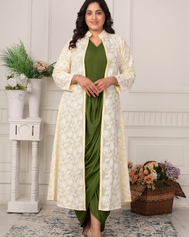 Olive Green Cowl Dress with Chikankari Jacket Set for Women