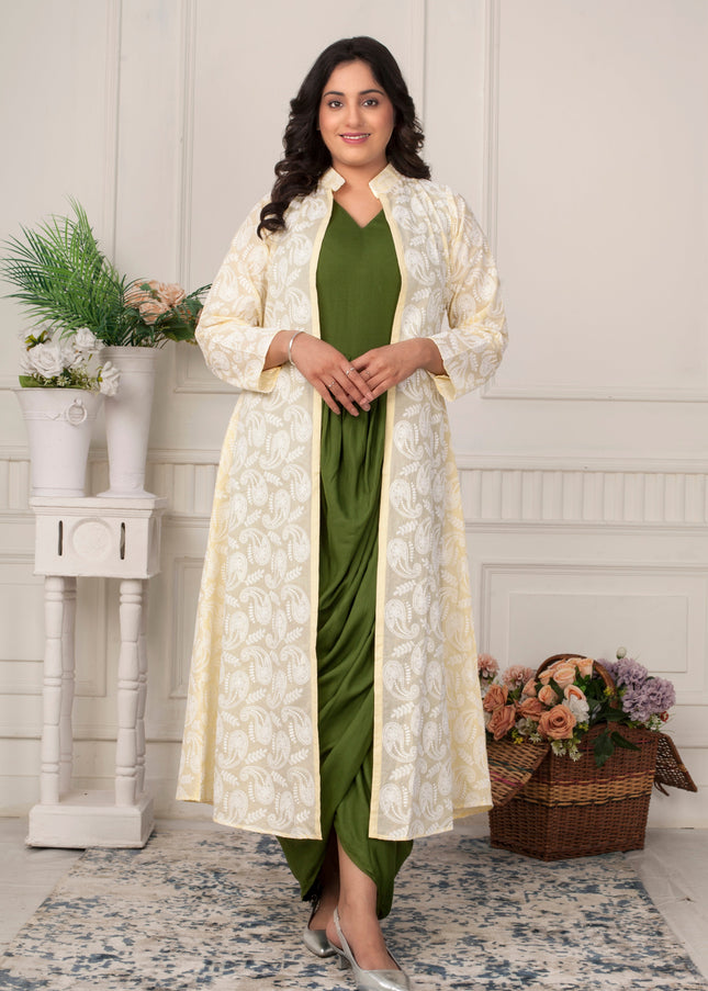 OLIVE GRACE DRAPED DRESS WITH CHICKENKARI JACKET