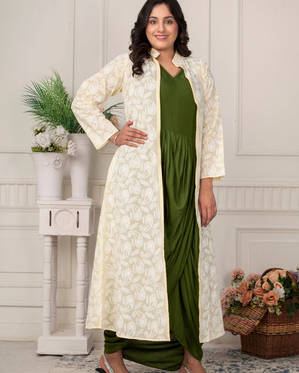 Olive Green Cowl Dress with Chikankari Jacket Set for Women