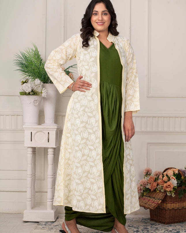 Olive Green Cowl Dress with Chikankari Jacket Set for Women