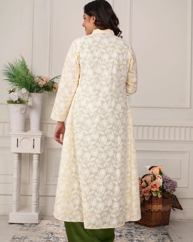 Olive Green Cowl Dress with Chikankari Jacket Set for Women