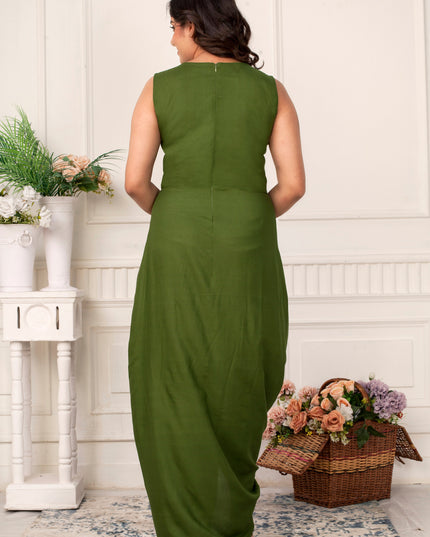 Olive Green Cowl Dress with Chikankari Jacket Set for Women