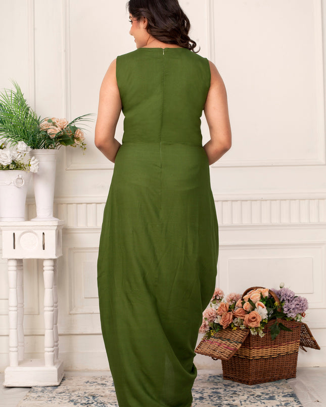 Olive Green Cowl Dress with Chikankari Jacket Set for Women