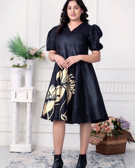 The Noir Bloom Hand Painted Black Cotton Dress for Women