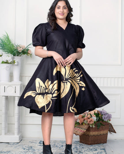 The Noir Bloom Hand Painted Black Cotton Dress for Women