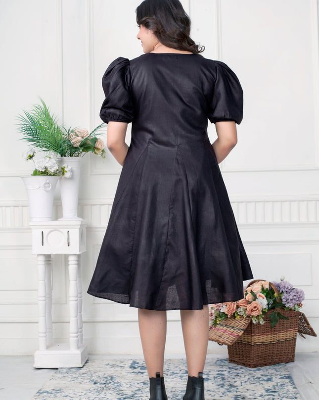 The Noir Bloom Hand Painted Black Cotton Dress for Women