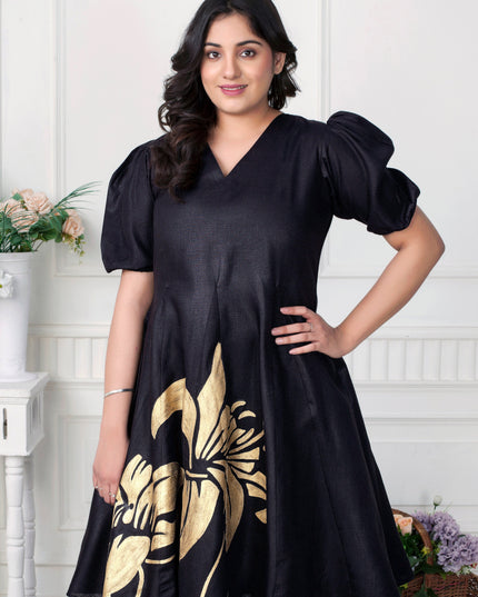 The Noir Bloom Hand Painted Black Cotton Dress for Women