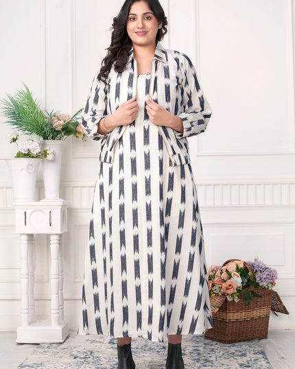 Women’s Ikat Handloom Co-ord Set Sleeveless Dress with Zipper Jacket