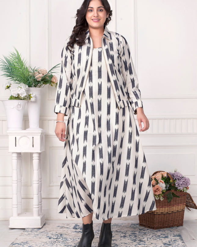 Women’s Ikat Handloom Co-ord Set Sleeveless Dress with Zipper Jacket