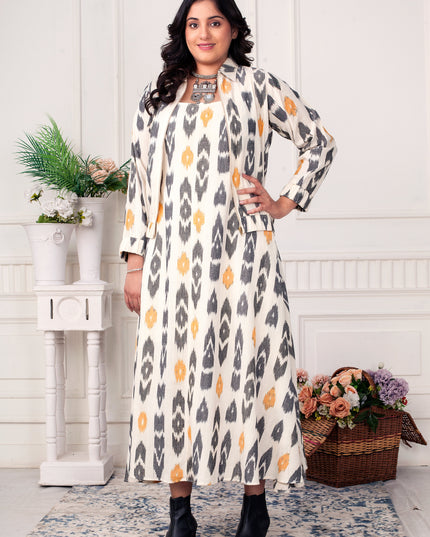 Daffodil Yellow & Black Ikat Handloom Zipper Jacket Dress Set