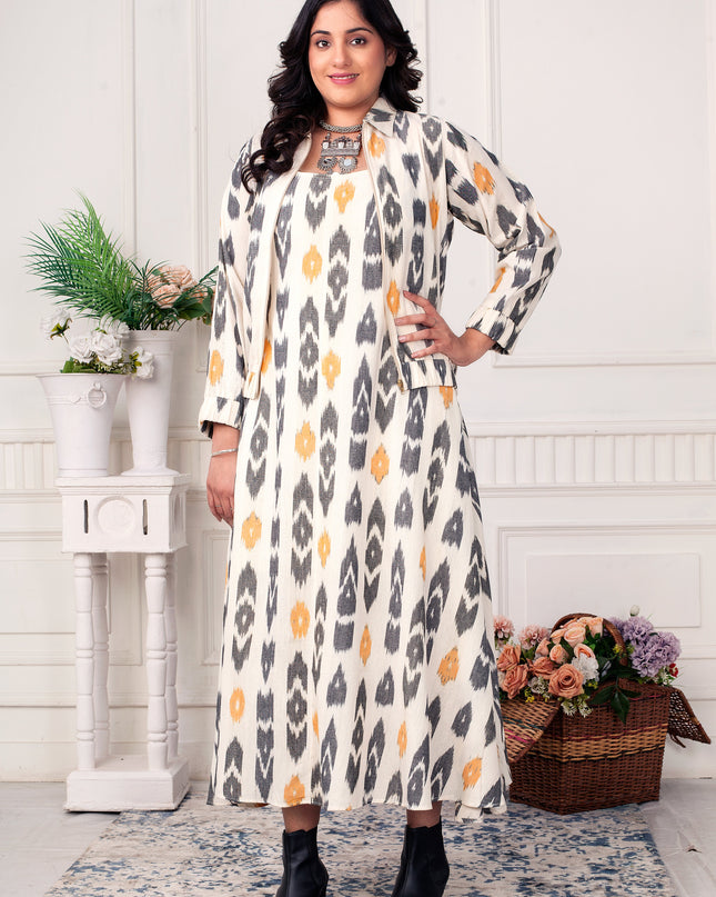 Daffodil Yellow & Black Ikat Handloom Zipper Jacket Dress Set