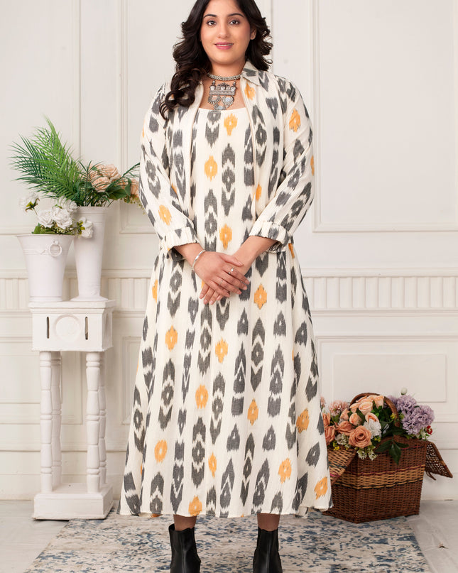 Daffodil Yellow & Black Ikat Handloom Zipper Jacket Dress Set