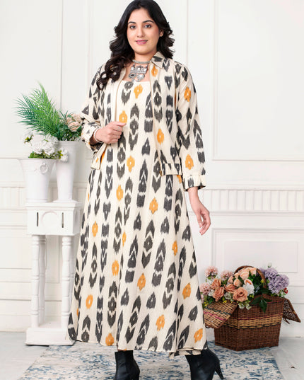 Daffodil Yellow & Black Ikat Handloom Zipper Jacket Dress Set