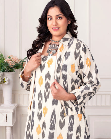 Daffodil Yellow & Black Ikat Handloom Zipper Jacket Dress Set