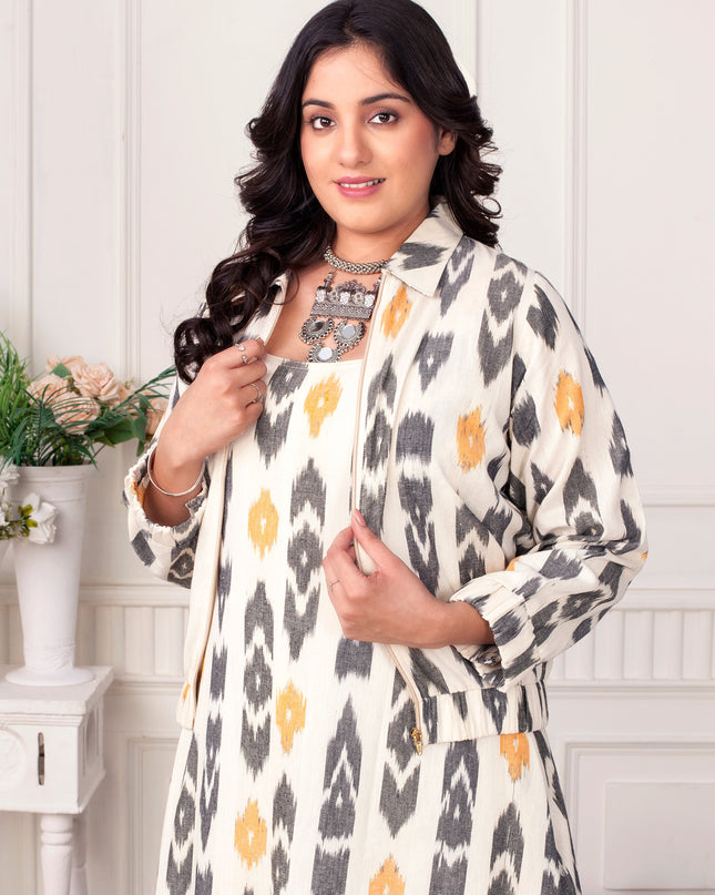 Daffodil Yellow & Black Ikat Handloom Zipper Jacket Dress Set