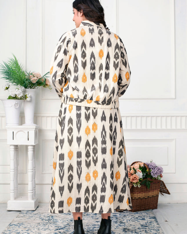 Daffodil Yellow & Black Ikat Handloom Zipper Jacket Dress Set