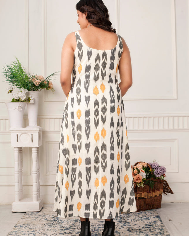 Daffodil Yellow & Black Ikat Handloom Zipper Jacket Dress Set