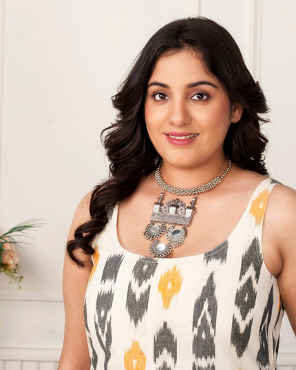 Daffodil Yellow & Black Ikat Handloom Zipper Jacket Dress Set