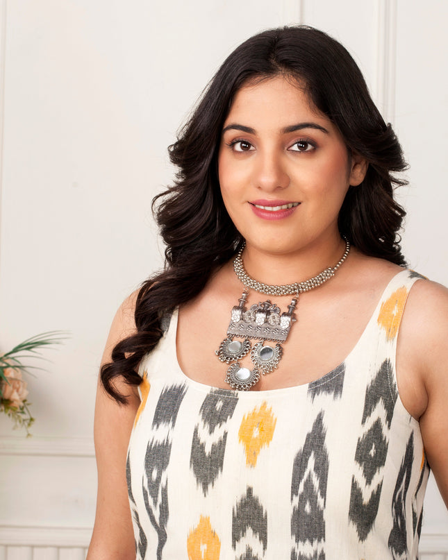 Daffodil Yellow & Black Ikat Handloom Zipper Jacket Dress Set