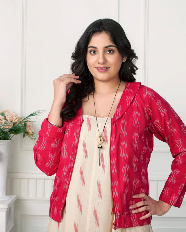 Pink Ikat Dress with Jacket Elegant Handloom Layered Outfit