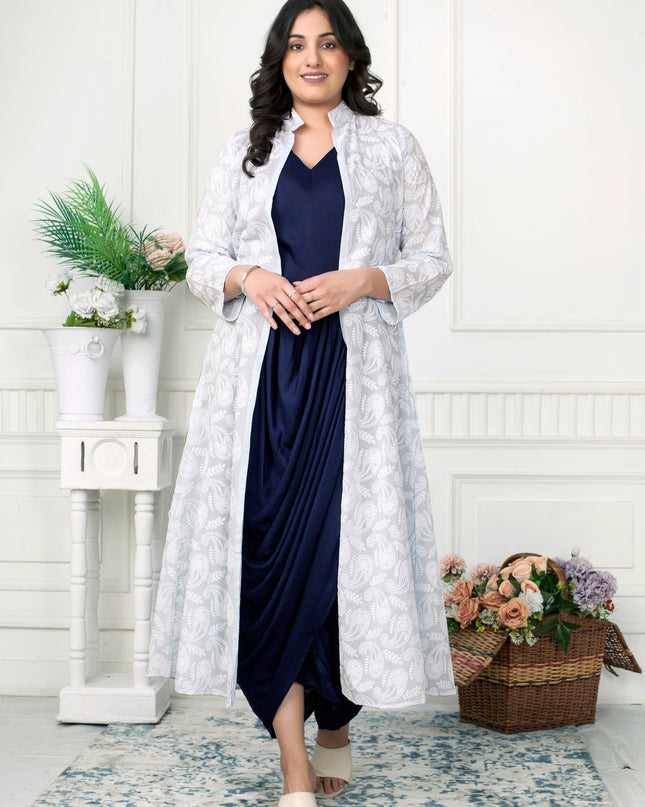 Navy Blue Cowl Dress with Chikankari Jacket Set for Women
