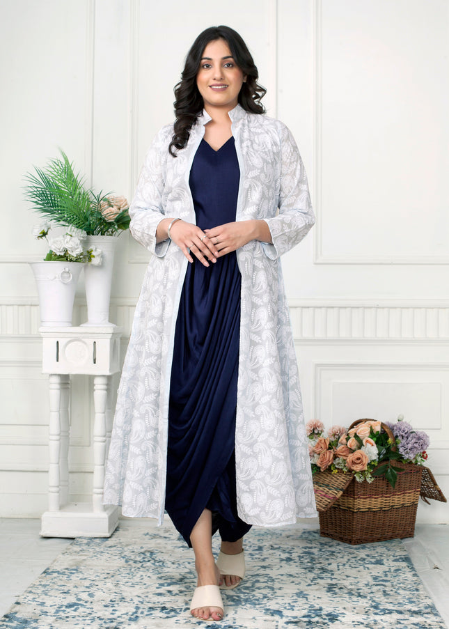 NAVY BLUE DRAPED DRESS WITH CHICKENKARI JACKET