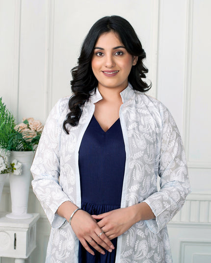 Navy Blue Cowl Dress with Chikankari Jacket Set for Women
