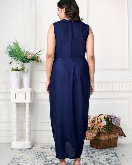 Navy Blue Cowl Dress with Chikankari Jacket Set for Women