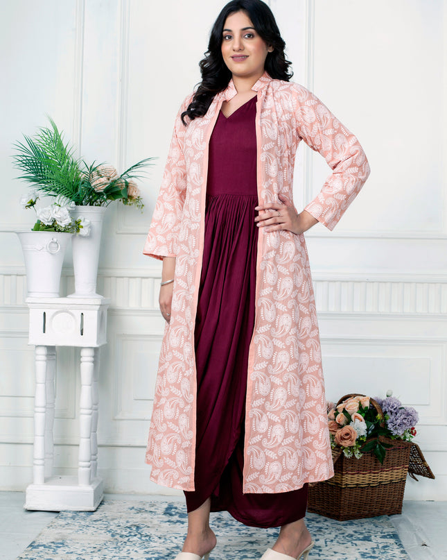 Festive Wine Draped Dress with Pink Chikankari Jacket Co-ord Set