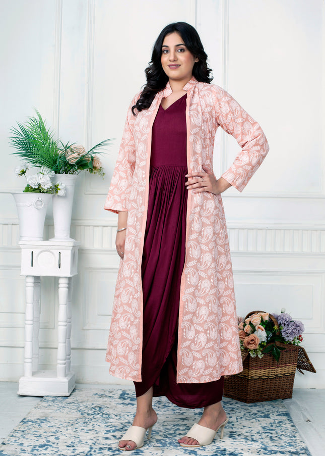 WINE ELEGANCE COWL DRESS WITH BLUSH CHIKANKARI JACKET