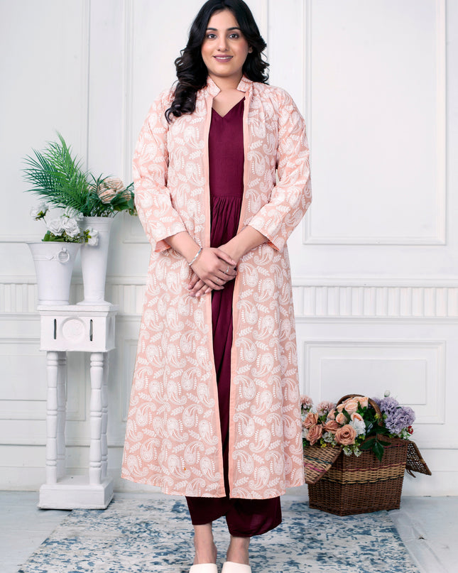 Festive Wine Draped Dress with Pink Chikankari Jacket Co-ord Set
